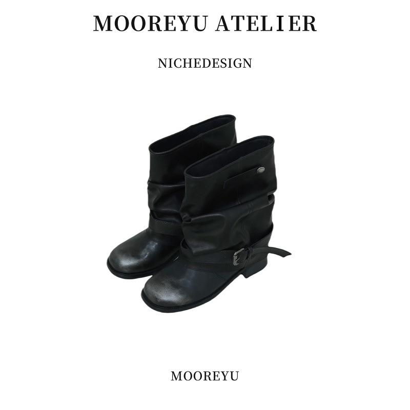 Cowhide version~ Western cowboy boots women's pleated stacking boots black round head retro leather boots thick heel knight boots