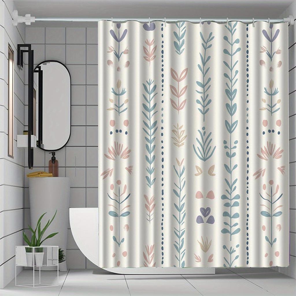 1Pc Floral Pattern Shower Curtain With Hook, Bathroom Partition, Bathroom Accessories, Home Decoration