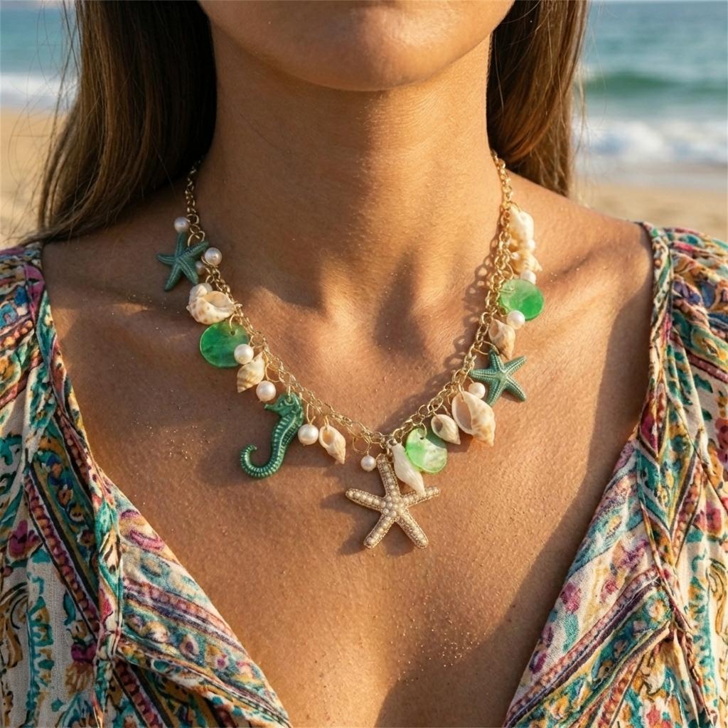 Y2K Dopamin Havstema Halsband för Kvinnor Imitationspärla Sjöhäst Sjöhäst Snäcka Hänge Halsband Sommar Strandfest Smycken