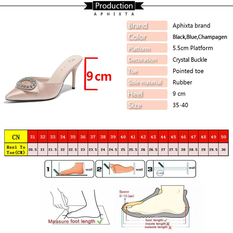 Fashion Aphixta 9cm Super High Heels Elegant Women Slides Pointed Toe Summer Dress Slides Sexy Crystal Champagne High Heel Shoes