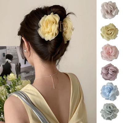 Hair Claw Mesh Yarn Texture 3D Flower Design Large Shark Hair Clip Versatile Daily Date Hair Accessory