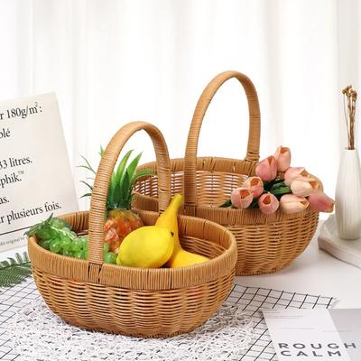 Handmade Imitation Rattan Fruit Basket Durable Long Handle Bamboo Flower Basket Multifunction Large Capacity Fruit Storage Bin
