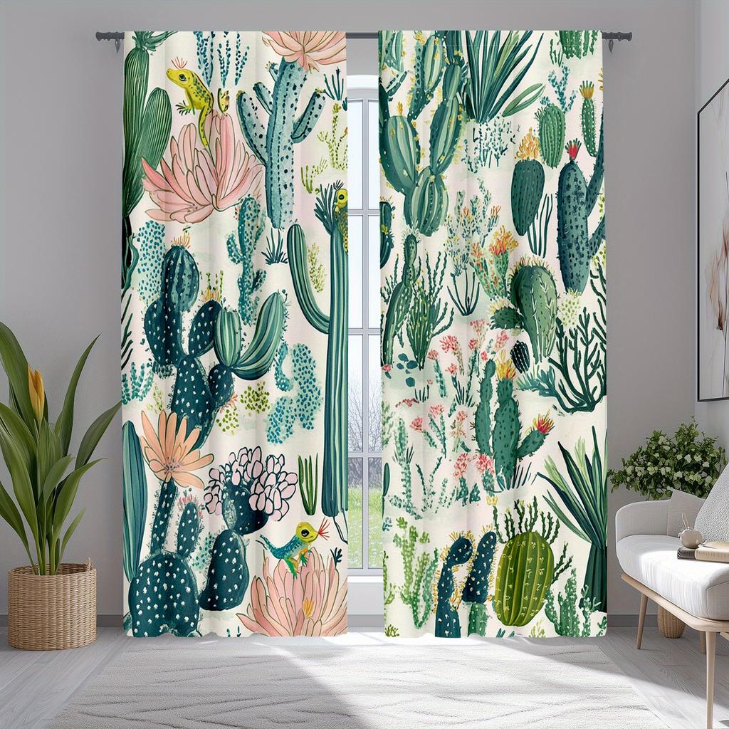 2 Stück Tropische Wüsten-Blumenlandschaft Vorhänge, Vintage Sukkulenten und Kaktus Design, für Wohnzimmer und Küche