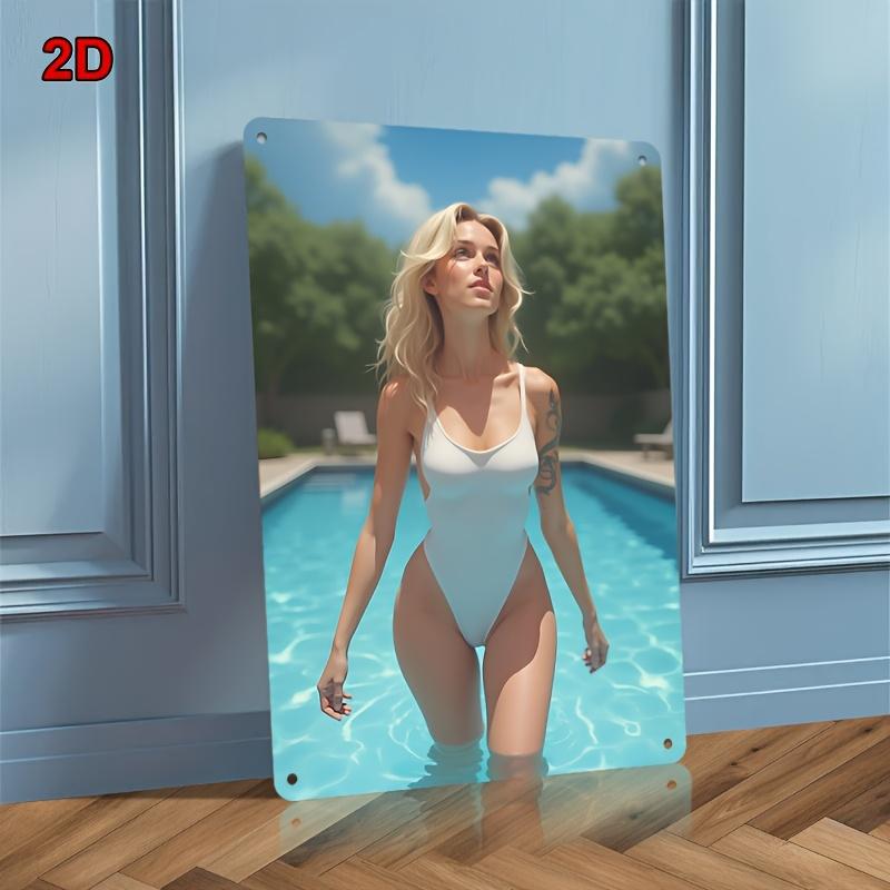 Retro Metal Tin Sign 8x12 Inch Vintage Wall Art, Bikini Girl Poolside Iron Poster For Bar Cafe Bedroom Decor
