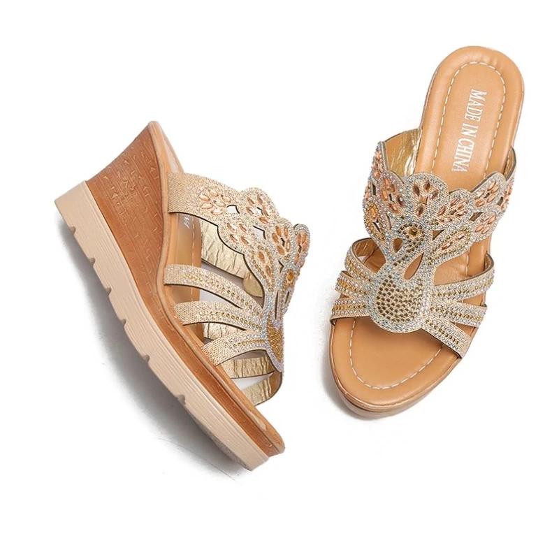 

Женские туфли на танкетке с круглым носком, женские повседневные туфли с открытым носком, удобные весенне-летние тапочки со стразами, босоножки для вечеринок, большие размеры 35-40 40 золотой