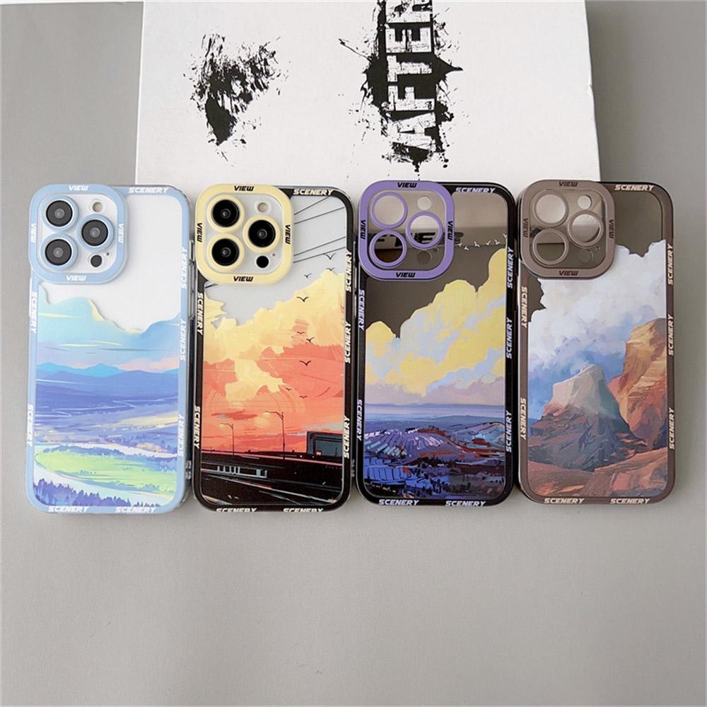 

Чехол для телефона для iPhone 11 12 13 14 Pro X XR XS Max 7 8 Plus Мода Акварельная пейзажная защита камеры Мягкий чехол для телефона TPU