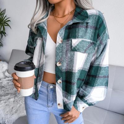 Fall Spring Women Jacket Contrast Color Plaid Print Turn-down Collar Single-breasted Fake Pocket Long Sleeves Loose Commuting Dating Coat