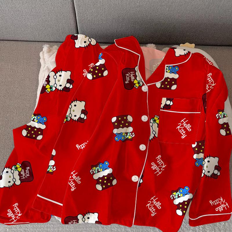 

Женский пижамный комплект с длинным рукавом красного цвета - Имитация хлопка, Праздничная домашняя одежда для сезонов Рождества, Весны и Осени 2XL (for 130-145 kg)