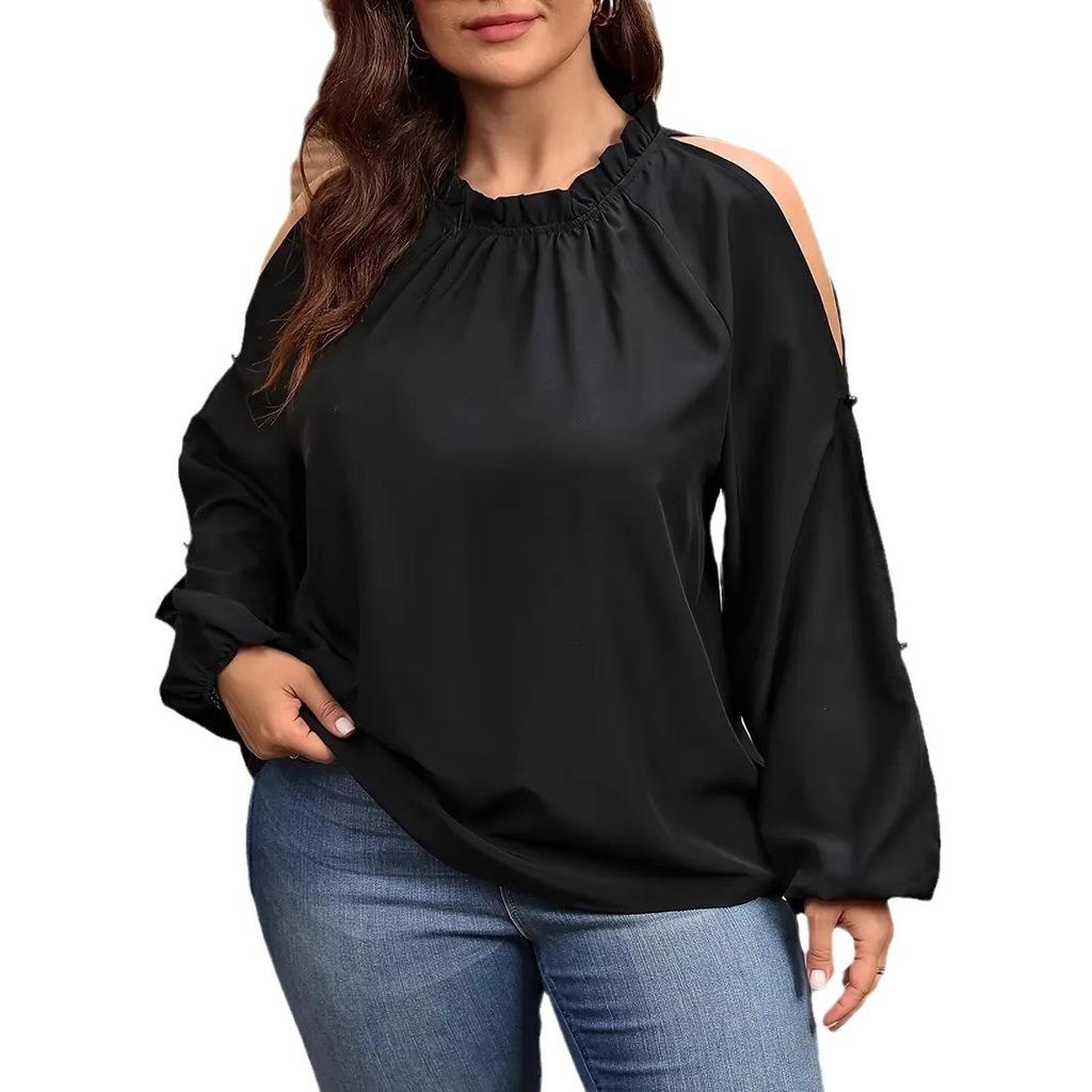 Plus Size Women's Shirt Solid Color Strapless Lantern Sleeve Tops Ruffle Blouse