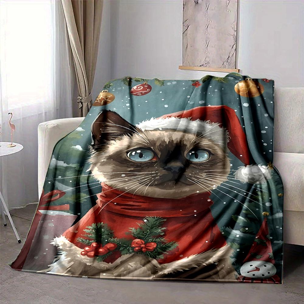 1Pc Christmas Cat Portrait Flannel Blanket, Soft And Comfortable, Casual Warm, Camping Travel, Christmas, Halloween Xmas Gift. G1123