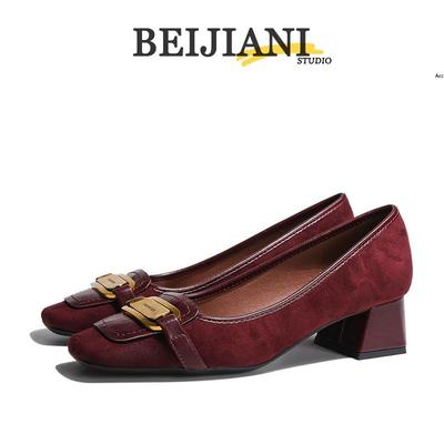 BEIJIANI 332-67 Sheepskin Chunky Heel Mary Jane Shoes – Soft Leather, Metal Buckle, Suede Finish