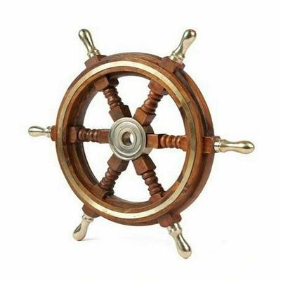 18'' Brass Six Spoke Ship Wheel Wooden Stripe Steering Captain Boat Pirate Brown