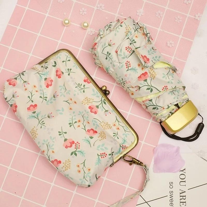 

Женский ультралегкий мини-зонт с плоской ручкой, пять складок, цветочный солнечный и дождливый зонт, дождь с сумкой для хранения белый