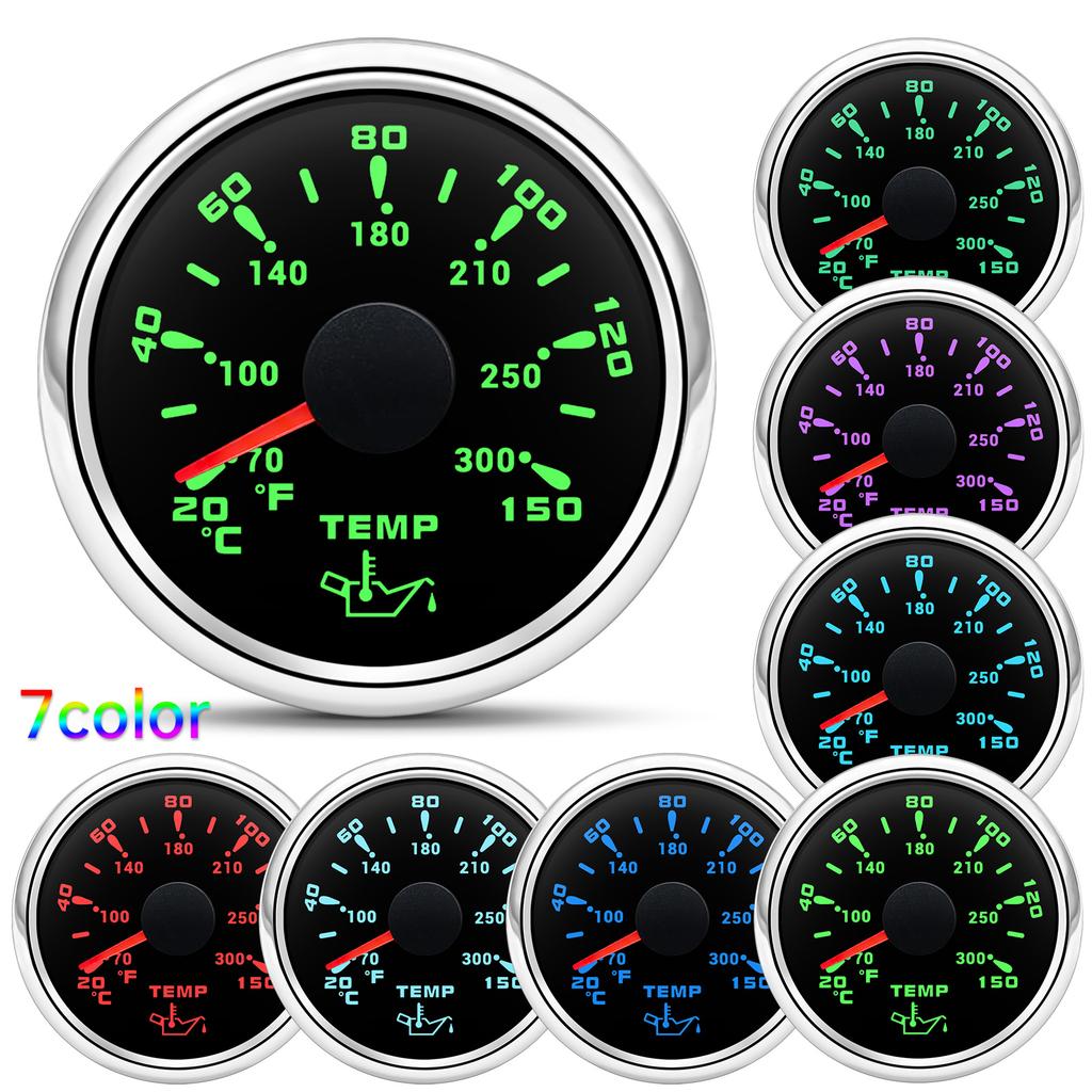 20~150℃ 7 Color Light 52mm Oil Temperature Gauge with Sensor 1/8NPT M14X1.5 Oil Temp Meter for Car Marine Boat 12V 24V Custom