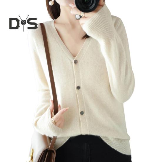 Women Knitting Sweater V-Neck Long Sleeve Button Down Sweater Cardigan Solid Color Loose Fit Crochet Texture Coat