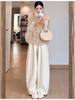 Women's Fleece-Lined Off-White Glutinous Rice Wide-Leg Pants, High-Waisted, Loose-Fit, Slimming, Petite, Autumn/Winter.