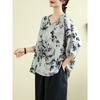 New Chinese style oblique placket ink print large size women's shirt summer retro three-quarter sleeve loose versatile short-sleeved top
