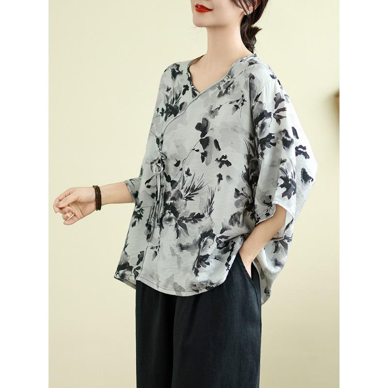 New Chinese style oblique placket ink print large size women's shirt summer retro three-quarter sleeve loose versatile short-sleeved top