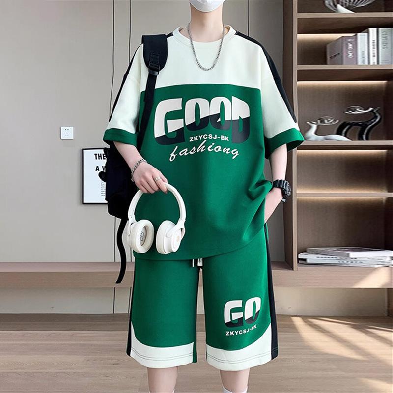 Men's Short Sleeve Graphic Print Side Stripe T-Shirt and Drawstring Shorts Lounge Set Beige