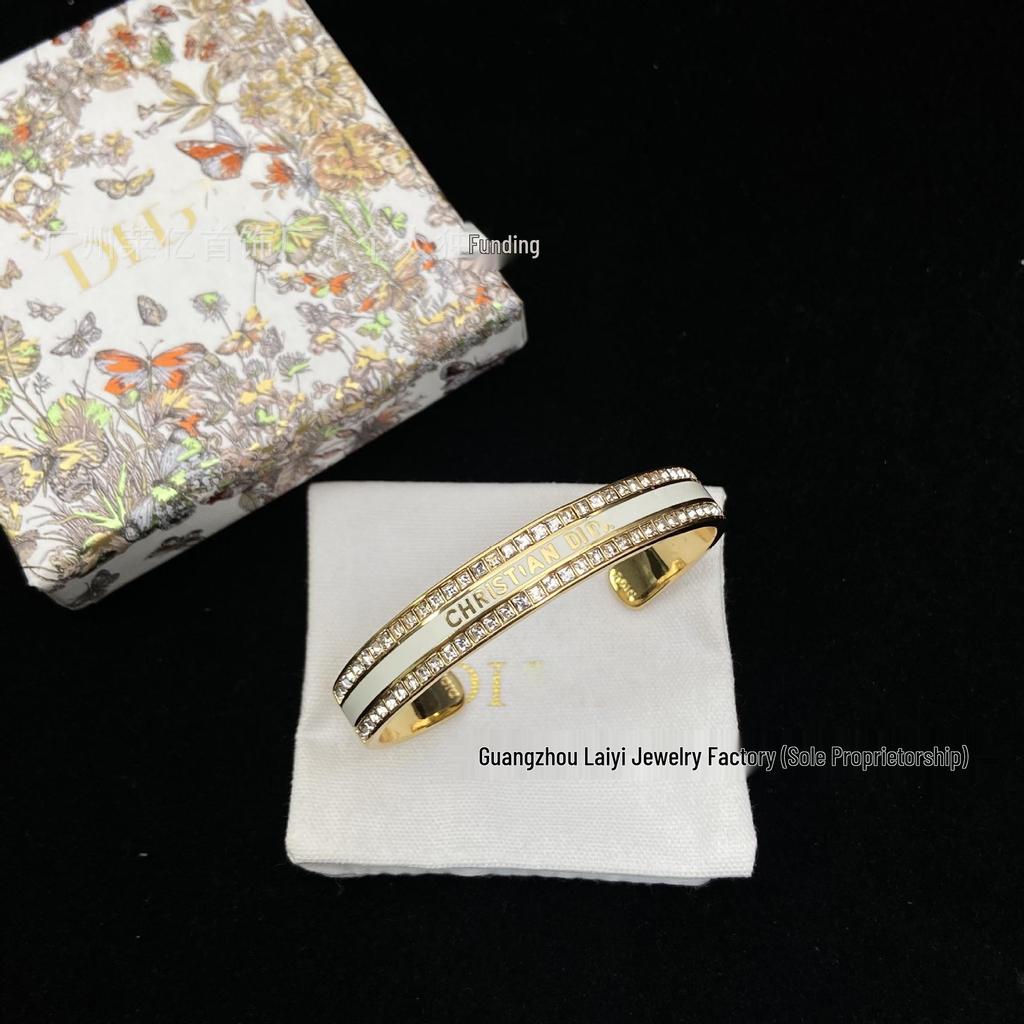 D's Black Enamel Square Diamond Initial Open Bangle - Retro European & American Style Trendy Bracelet for Women