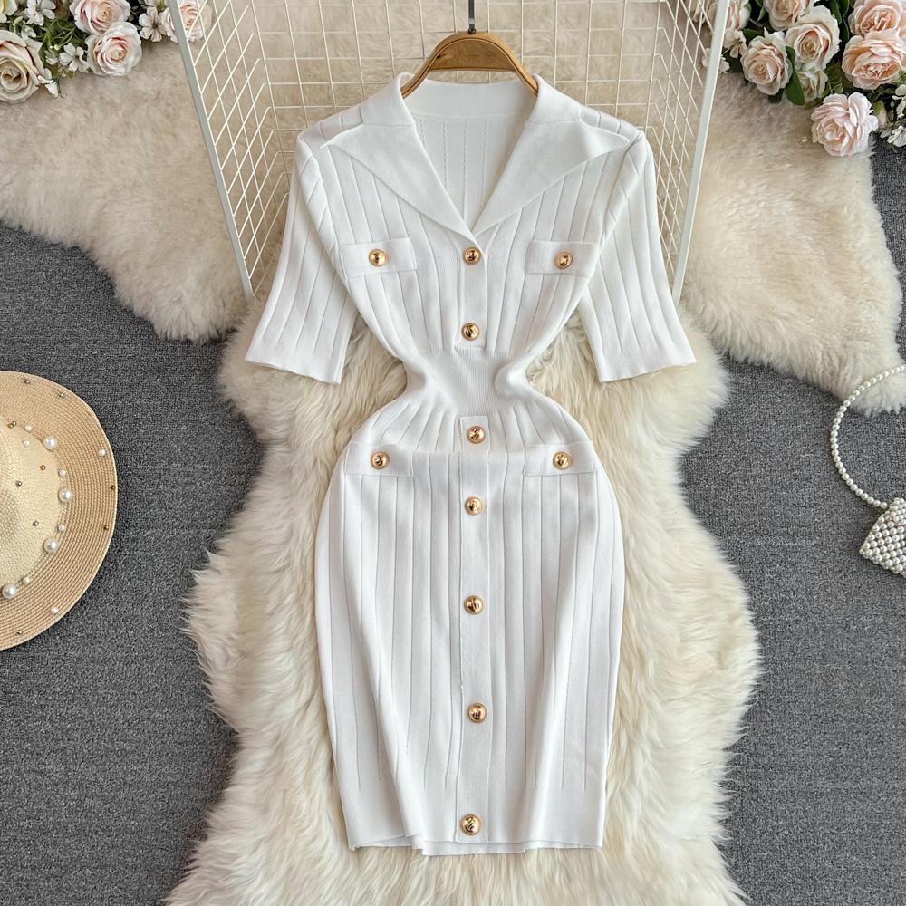 

Нові літні жіночі в’язані светри з лацканами, однотонні сукні з короткими рукавами, облягаючі міні-сукні для вечірок One Size білий