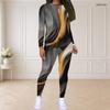 Women Plus Size Two Piece Set Round Neck Long Sleeve Printed Top And Fitted Pants Pink Purple Black