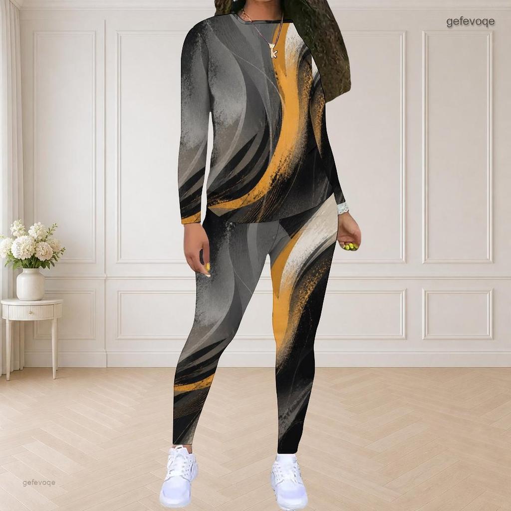 Women Plus Size Two Piece Set Round Neck Long Sleeve Printed Top And Fitted Pants Pink Purple Black
