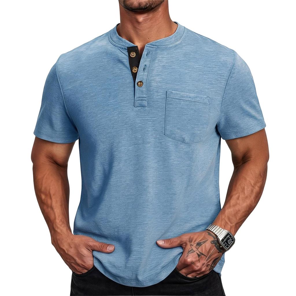 Men Henley Neck Short Sleeve T Shirt Casual Basic Button Front Athletic Fit Pullover Top with Chest Pocket for Everyday Wear