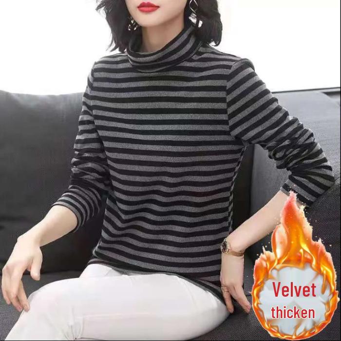 

Женский бархатный топ больших размеров в полоску с высоким воротом и длинными рукавами для осени и зимы 5XL чёрный