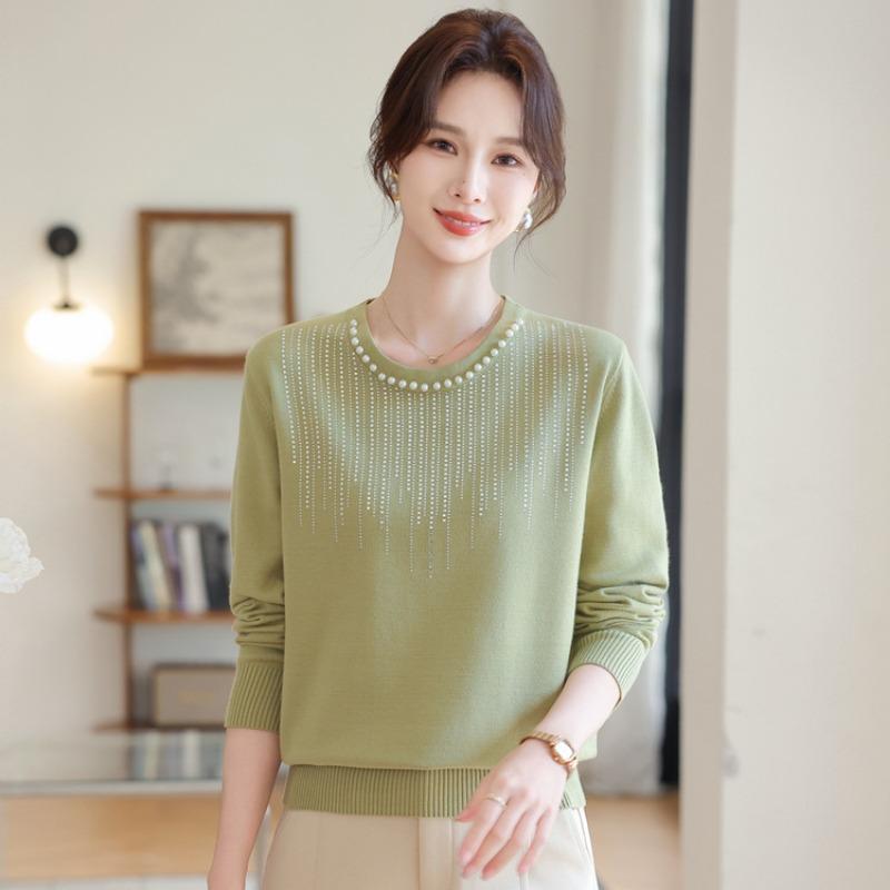 Mom's Spring and Autumn Long Sleeve Beaded Crew Neck Sweater New Small Shirt Middle Elderly Women's Knitted Top