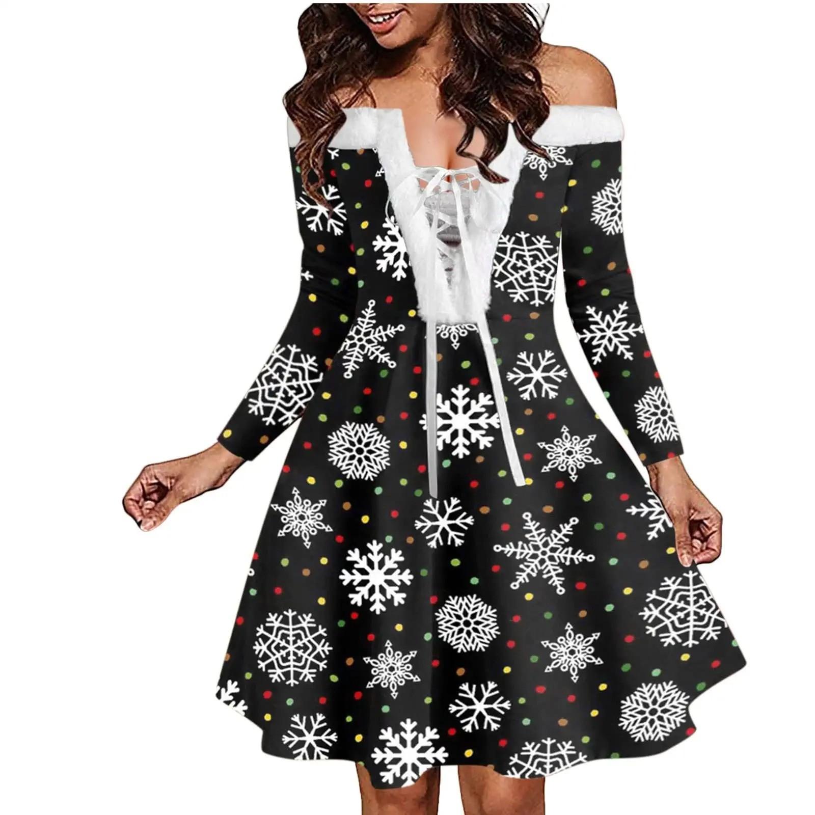 WVONIF Robe De Noël Femme Robe Moche Noel Flocon De Neige Robe De Noël Vintage Robe Cocktail Mariage Vintage Robe Casual Femme Robe Baptême Col Rond Manches Longue Costume Lutin De Noël