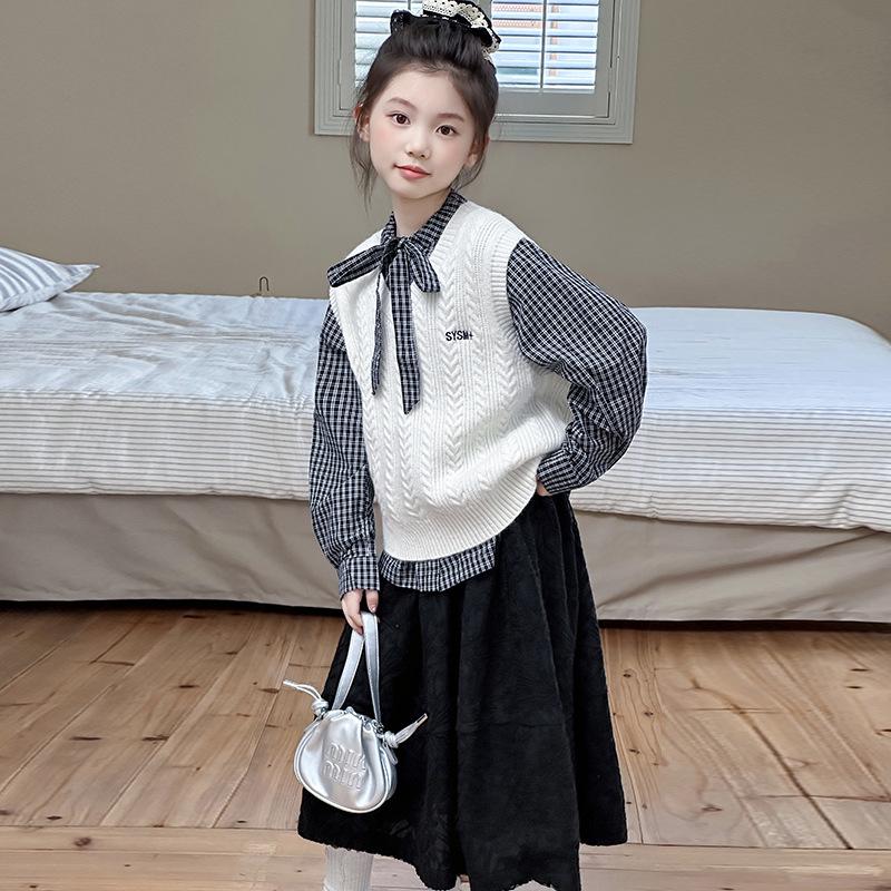Girls' 2025 Spring & Autumn Fashion Set: Knitted Vest and Shirt Two-Piece Set for Kids