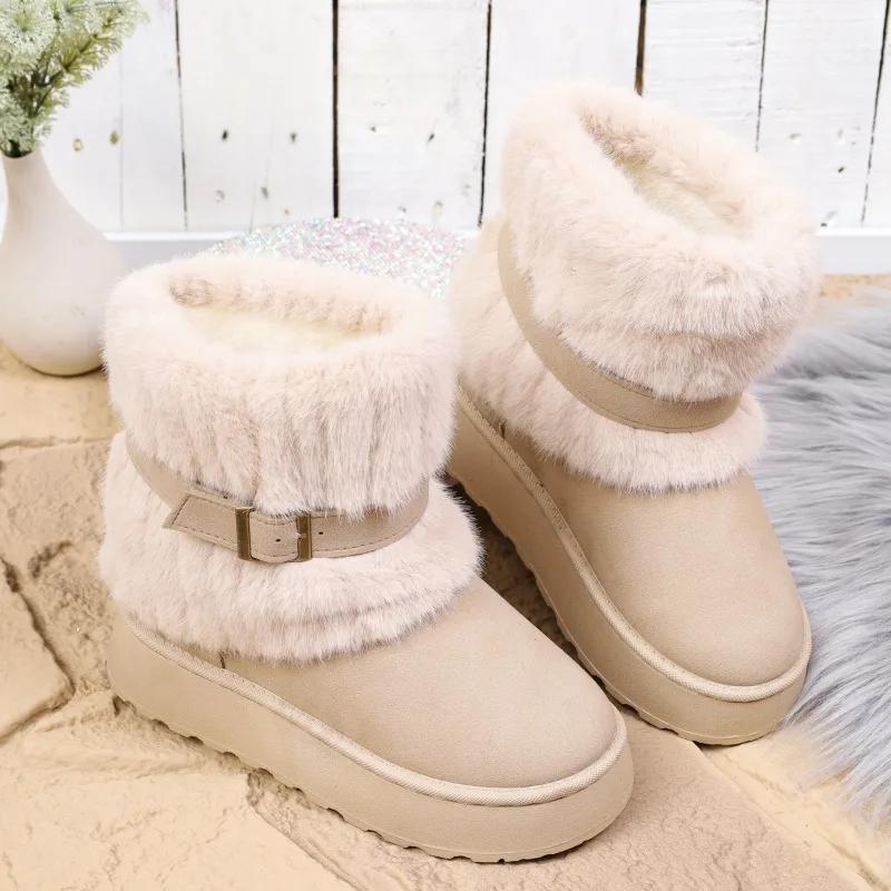 2026 Winter New Short Plush Thick-soled Women's Snow Boots Metal Belt Buckle Ankle Boots Fluffy Furry Women's Cotton Shoes