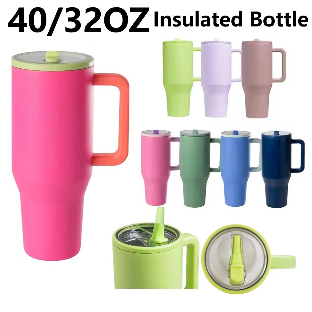 32/40oz Stainless Steel Straw Insulated Water Bottle Thermal Coffee Car Cup Cold Hot Mugs Large Vacuum Flask for Outdoor Travel