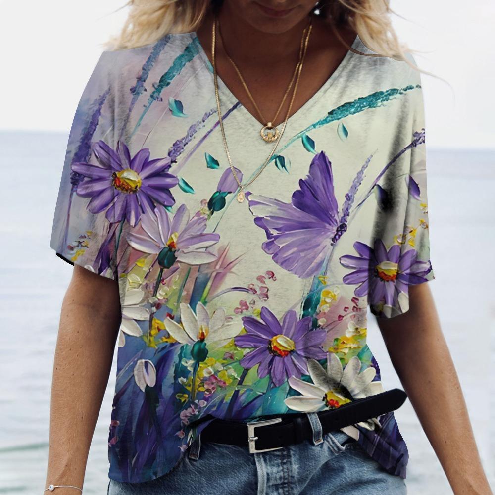 Summer New Women's T-shirt 3D Elegant Atmosphere V-neck Short Sleeve Shirt Fashion