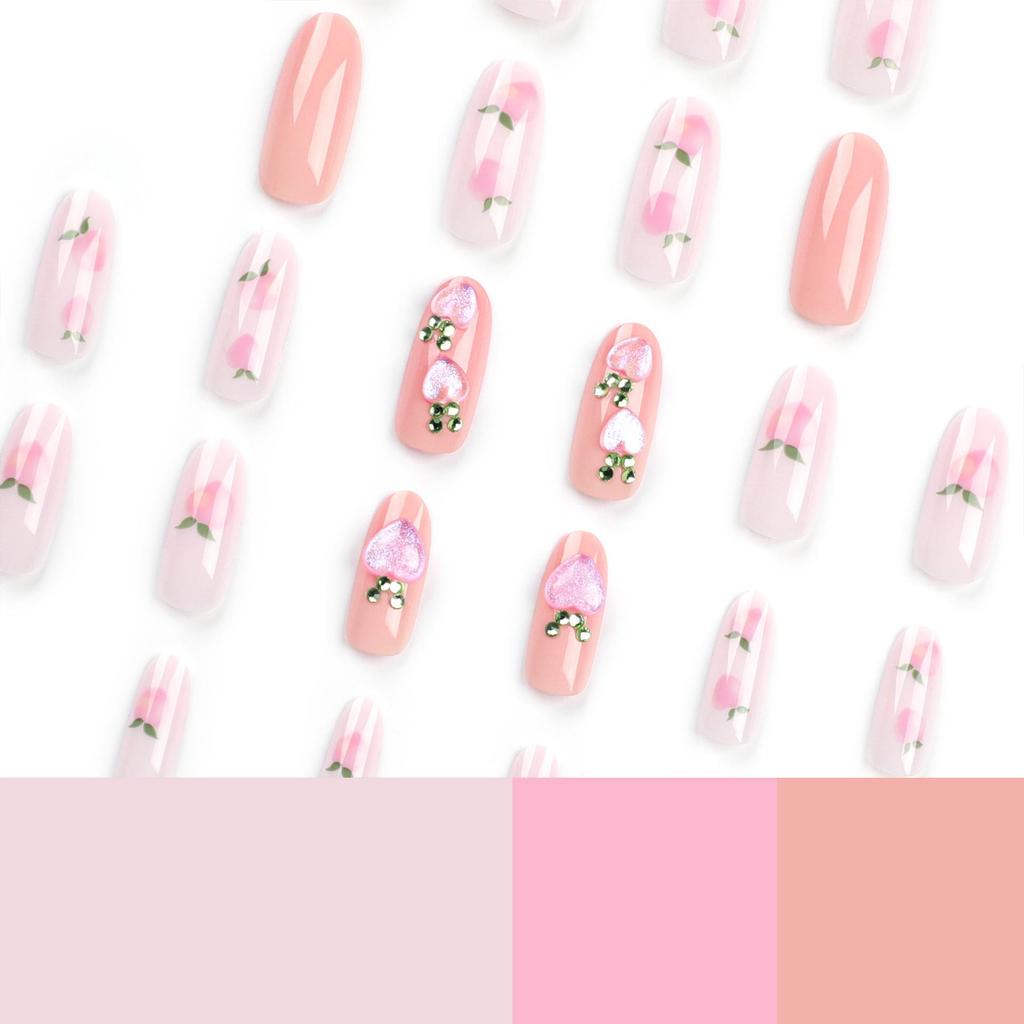Fresh Pink Peach Gemstone Manicure Tips - New Xiaohongshu Style Wearable False Nails