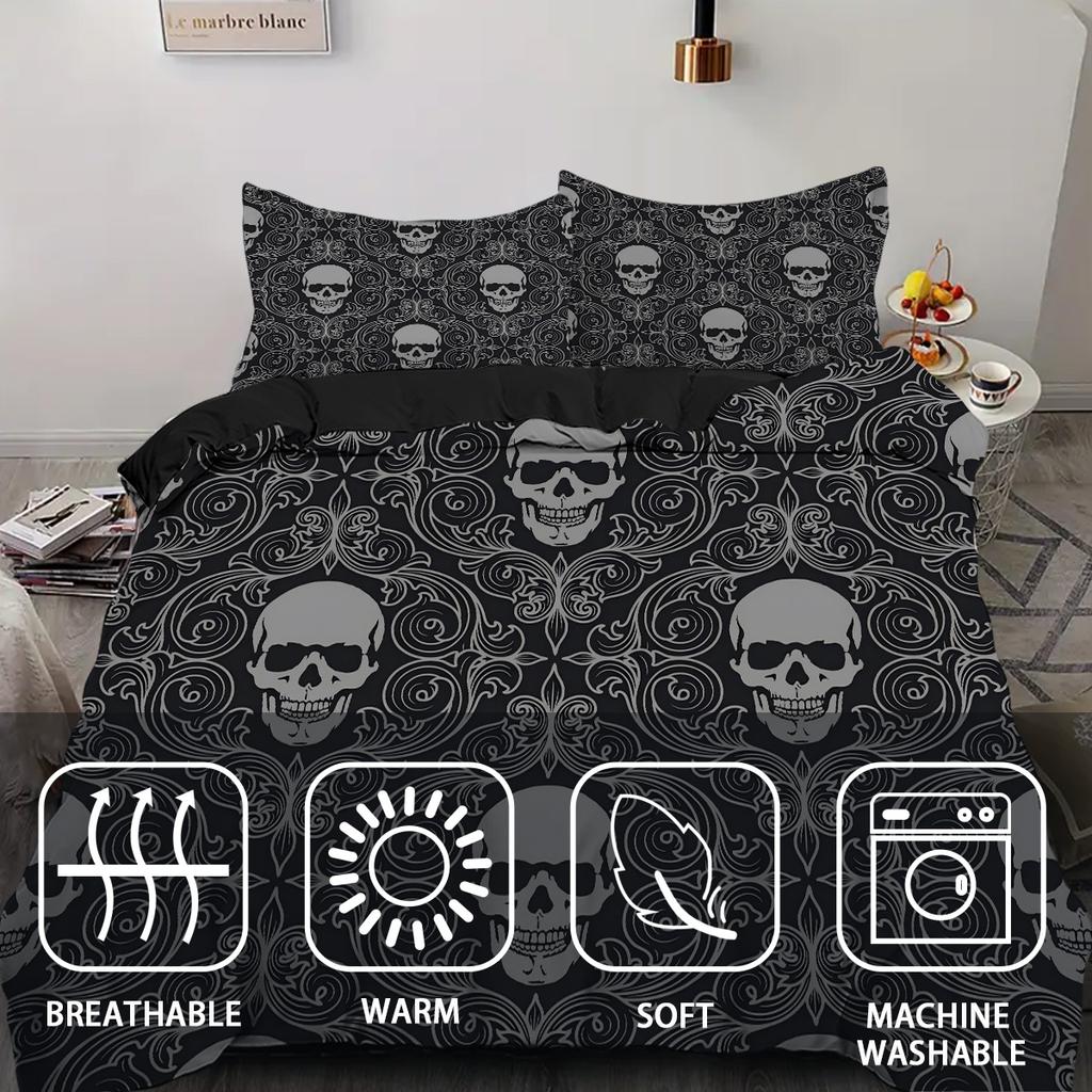 Skeleton Flower Pattern Print Duvet Cover Halloween Gothic Style Bedding Set Pillowcase Soft Comfortable Polyester Quilt Cover