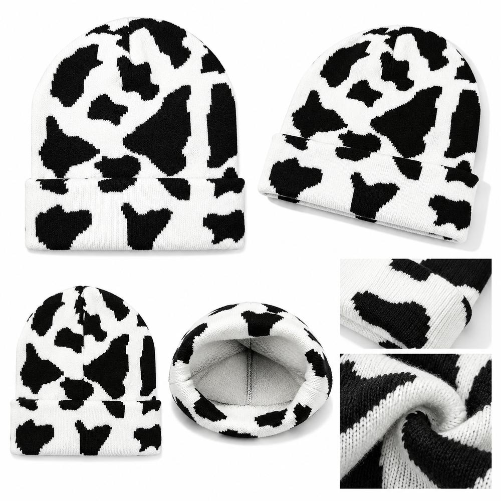 Cow Print Knitted Hat Windproof Warm Hat New Street Cap Unisex