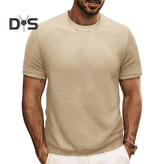 Summer Men Tops Knitted Round Neck Short Sleeves Solid Color Ribbed Elastic T-shirt Slim Fit Pullover Casual Daily Clothes