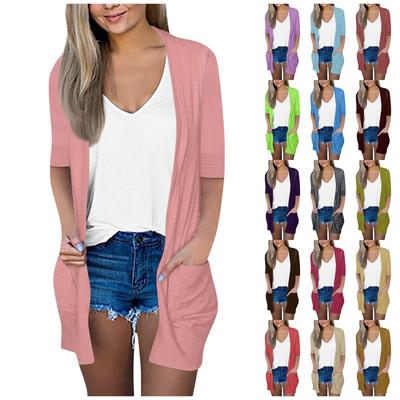 Women's Fashion Loose Casual Pocket Solid Color Cardigan Seven-Part Sleeve Jacket Top