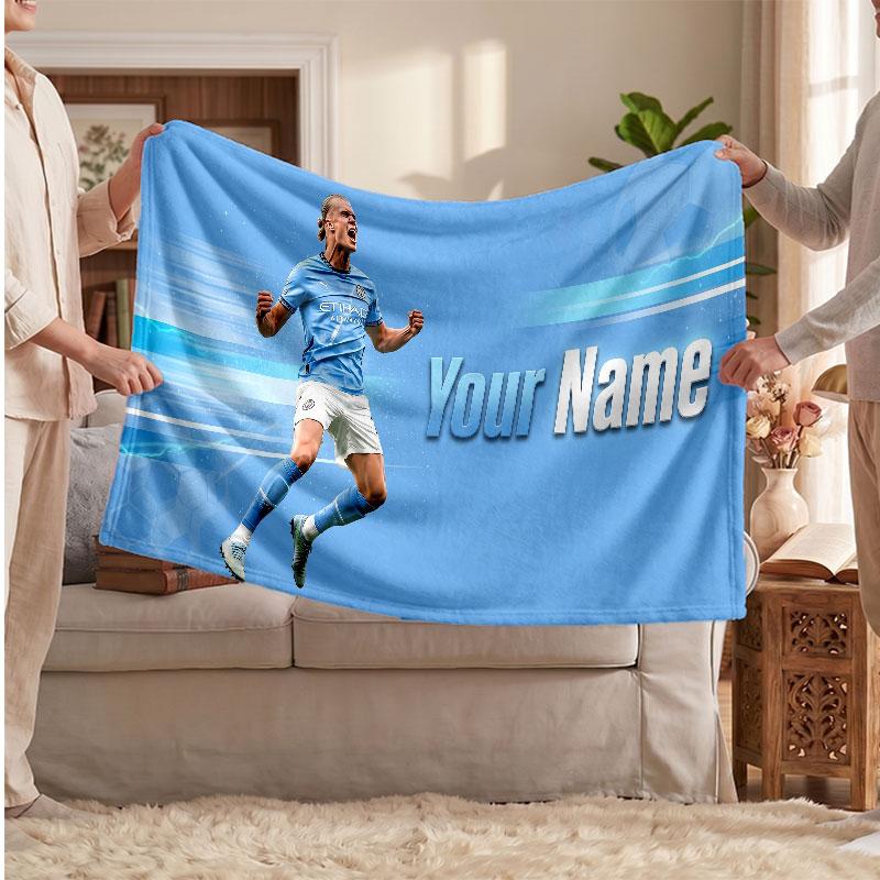 Erling Haaland Personalized Fleece Blanket With Football Logo, Custom Name Text Soft Warm Home Throw Blanket