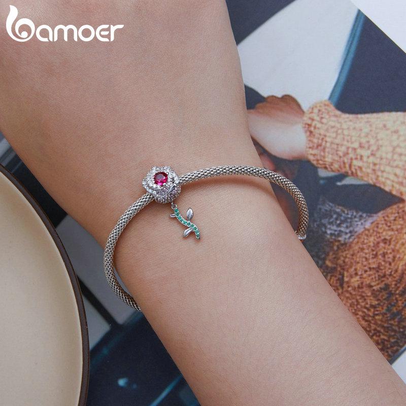 BAMOER 925 Sterling Silver Pink Zircon Rose Flower Bead Charms for Women Original Bracelet Bangle Necklace DIY Jewelry