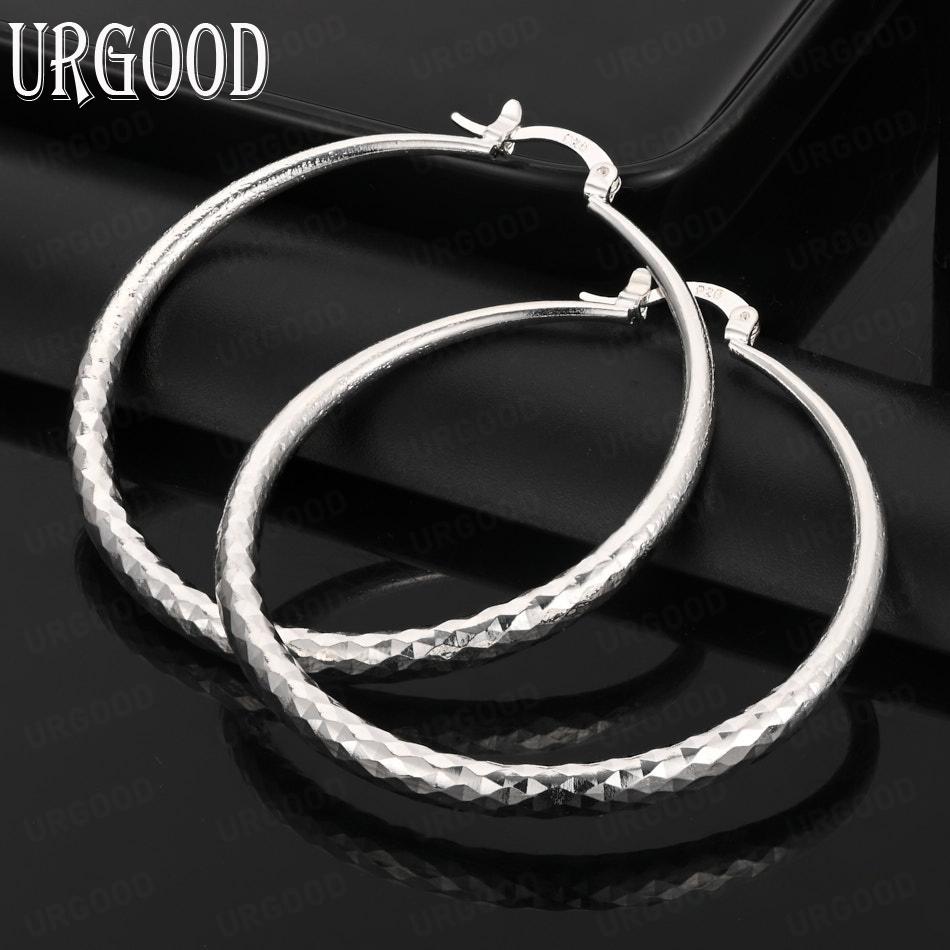 Pendientes de plata de ley 925 con forma de veta de madera, redondos, de 50 mm, joyería de moda para bodas