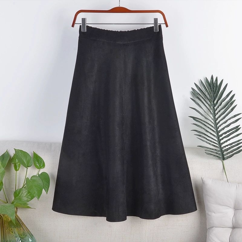 Fustă Retro de Toamnă Iarnă pentru Femei din Piele Suedeză cu Talie Înaltă și Croială Slim Fit Fustă Midi A-Line pentru Femei Fustă Evazată