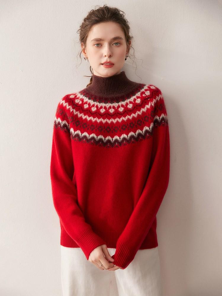 Festive Red Fair Isle Half-High Collar Cashmere Sweater