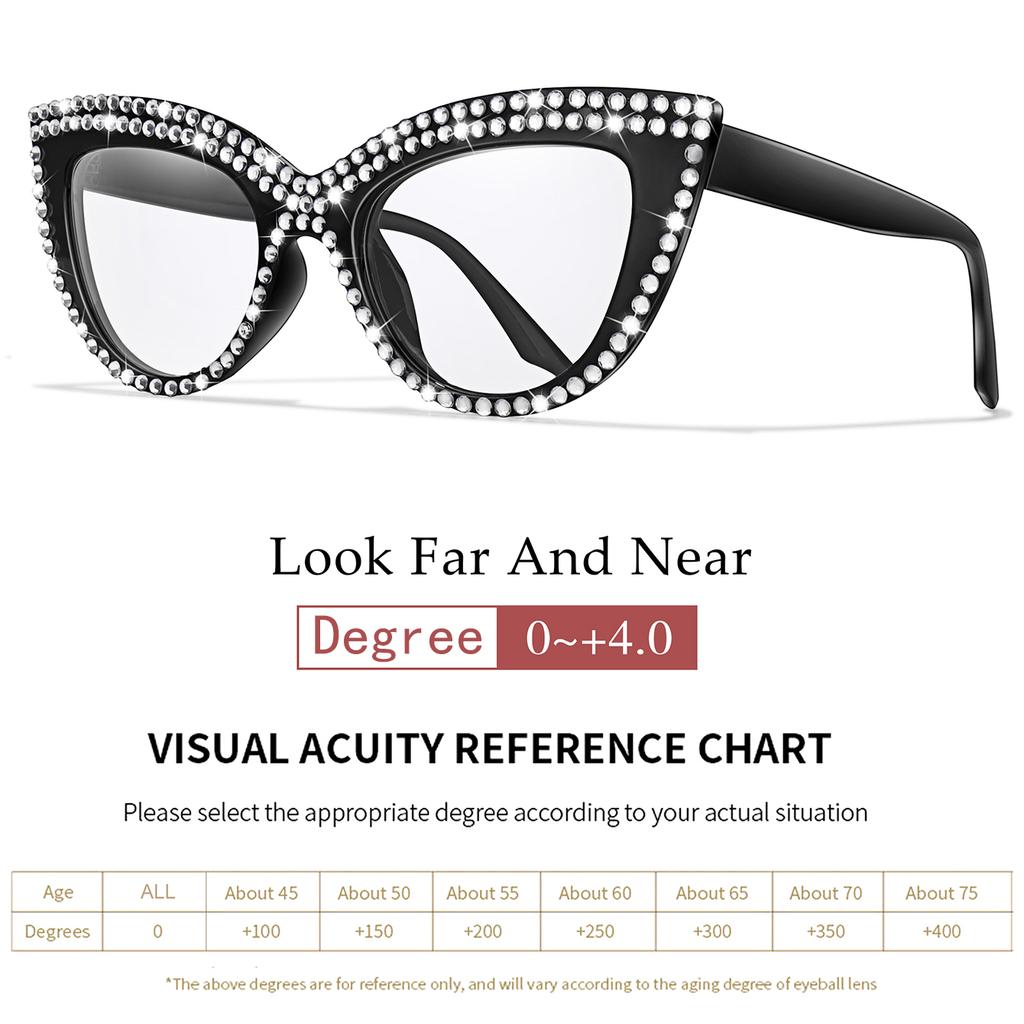2 Pairs Trendy Reading Glasses for Women Cat Eye Limation Diamond Beautiful Decoration Eyewear Presbyopic Glasses +150 +200