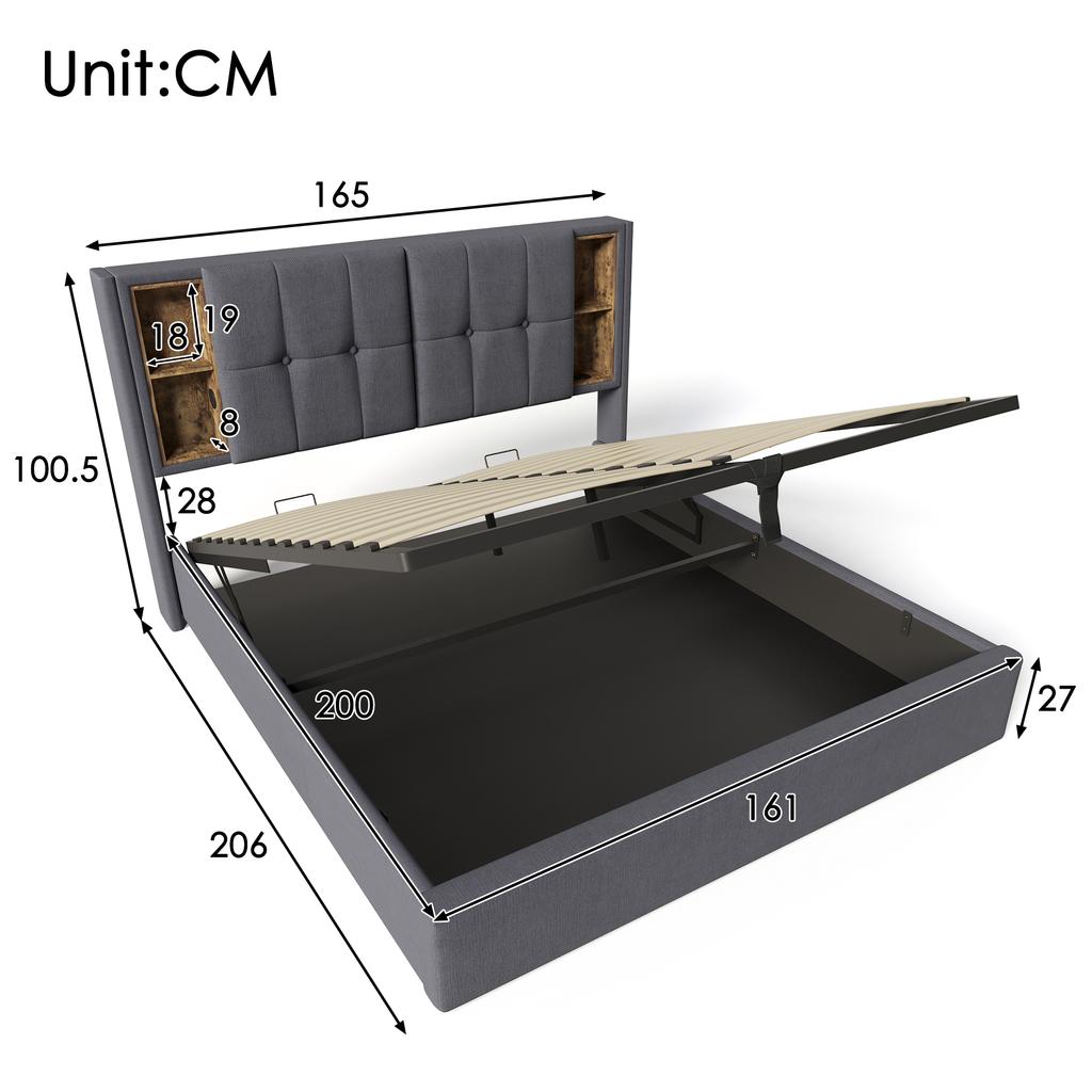 Double Bed with Wireless Charging USB C, Upholstered Bed Frame 160x200cm, Bed Frame with Storage Slatted Frame made of Wood-Grey Cotton (No Mattress)