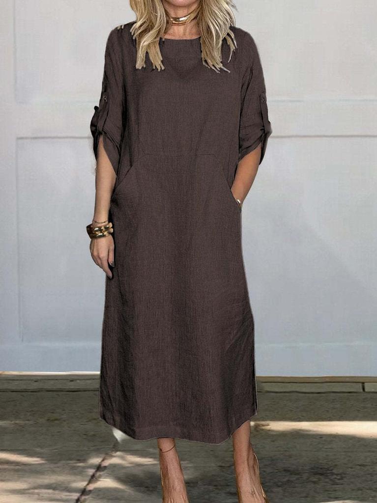Nuovo stile europeo e americano stile europeo e americano stile estivo ampio casual tinta unita manica corta cotone e lino vestito