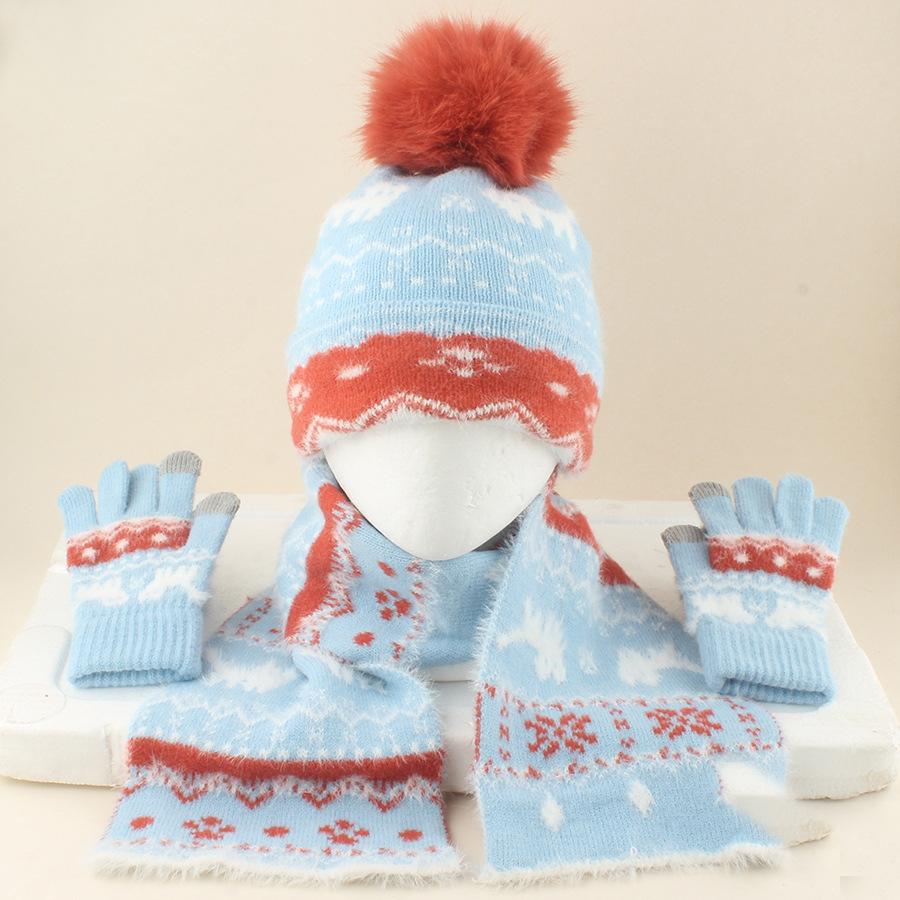 Autumn and Winter Children's Hat, Scarf, Glove Set, Men's and Women's Velvet Jacquard Fel Island Knitted Curled Hat