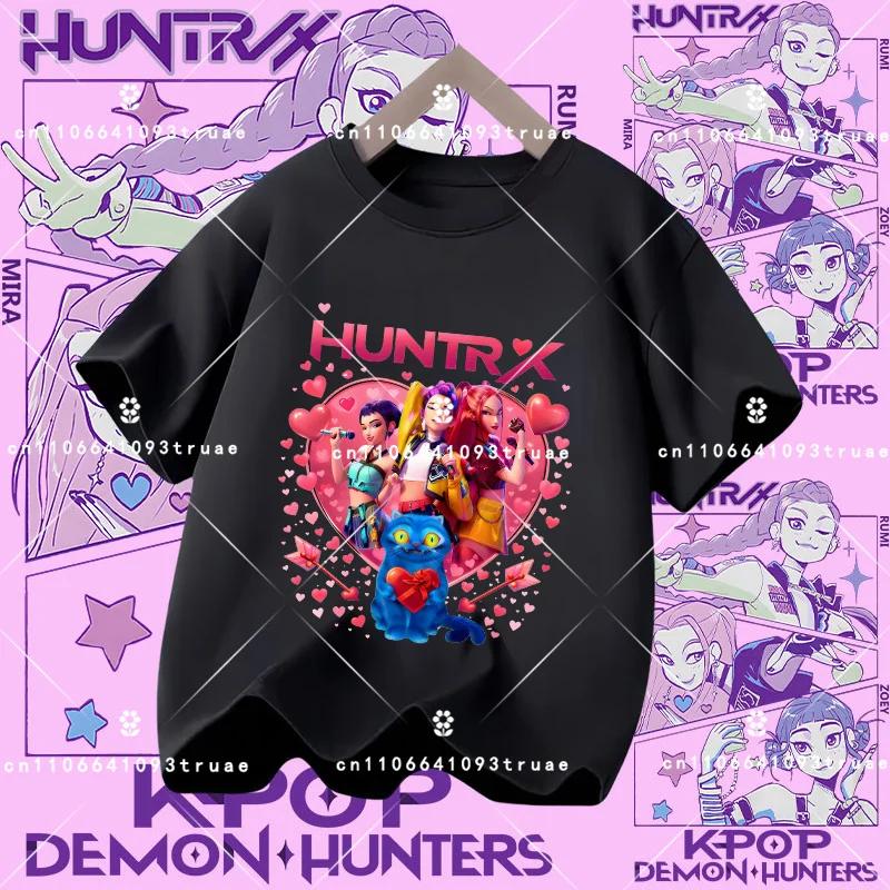 Polyester short-sleeved K-pop Demon Hunter girl cute sports shirt for children aged 1-12. Summer T-shirt. Casual top. Cartoon print